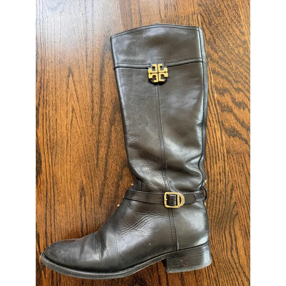 TORY BURCH Eloise Women's Boot US 8 Black Leather Zip Tall Riding Boots FLAW